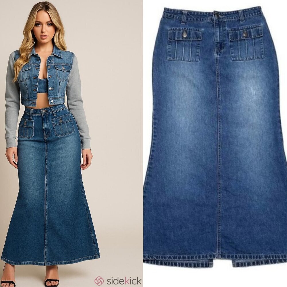 90s Vintage No Boundaries High Waisted Back Slit Maxi Denim Mermaid Skirt Small - Picture 1 of 10